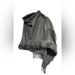 JENNIFER SUN Grey Genuine RABBIT Fur Trim CASHMERE/WOOL SHAWL CAPE WRAP SCARF